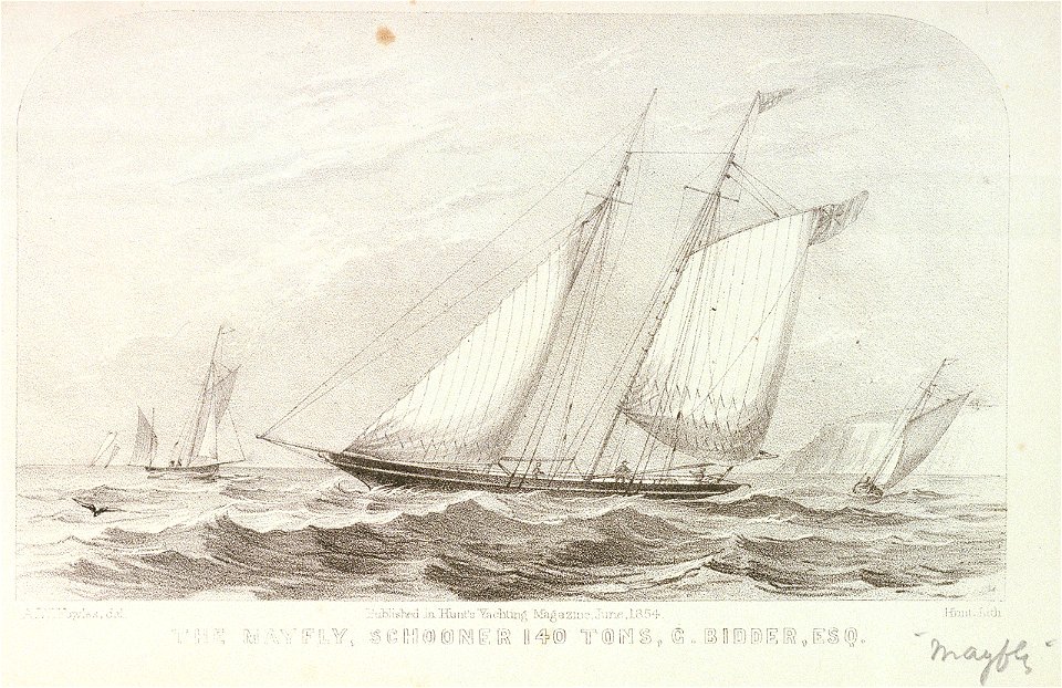 The Mayfly Schooner 140 Tons, G Bidder, Esq. Published in Hunt's Yachting Magazine June 1854 RMG PU6566