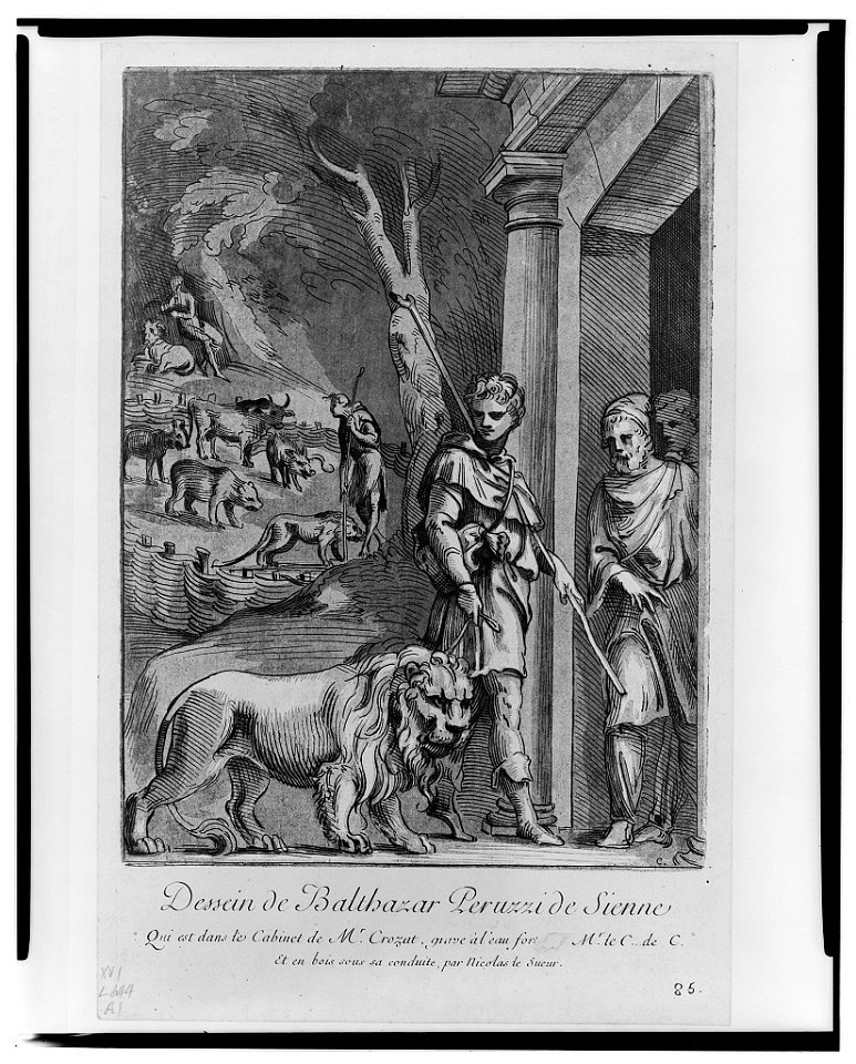 The man and the lion) - Dessein de Balthasar Peruzzi de Sienne, qui est dans le cabinet de Mr. Crozat, gravé à l'eau forte ... par Nicolas le Sueur LCCN2004665179