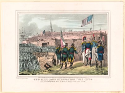The Mexicans evacuating Vera Cruz, and surrendering their arms to the U.S. Army, under Genl. Scott - Lith. & pub. by Sarony & Major, N.Y. LCCN94504654