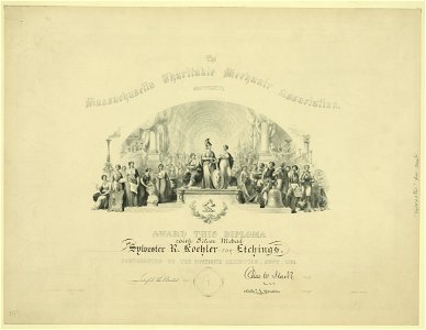 The Massachusetts Charitable Mechanic Association, award this diploma with silver medal to Sylvester R. Koehler for etchings. Contributed to the fourteenth exhibition, Sept. 1881 - designed LCCN92513372