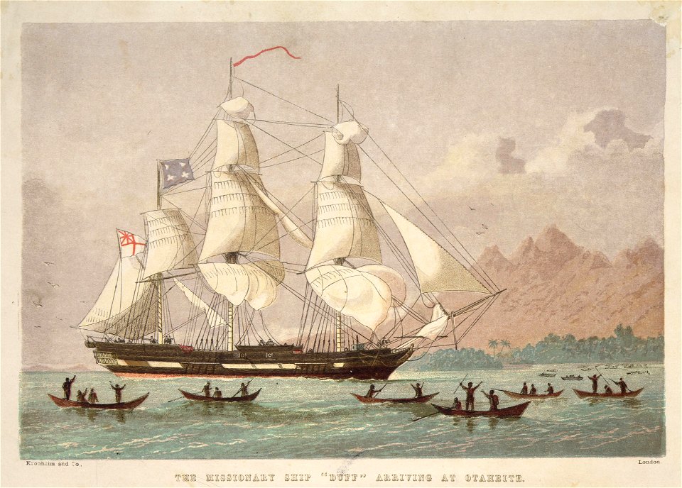 The missionary ship Duff arriving (ca. 1797) at Otaheite, lithograph by Kronheim & Co
