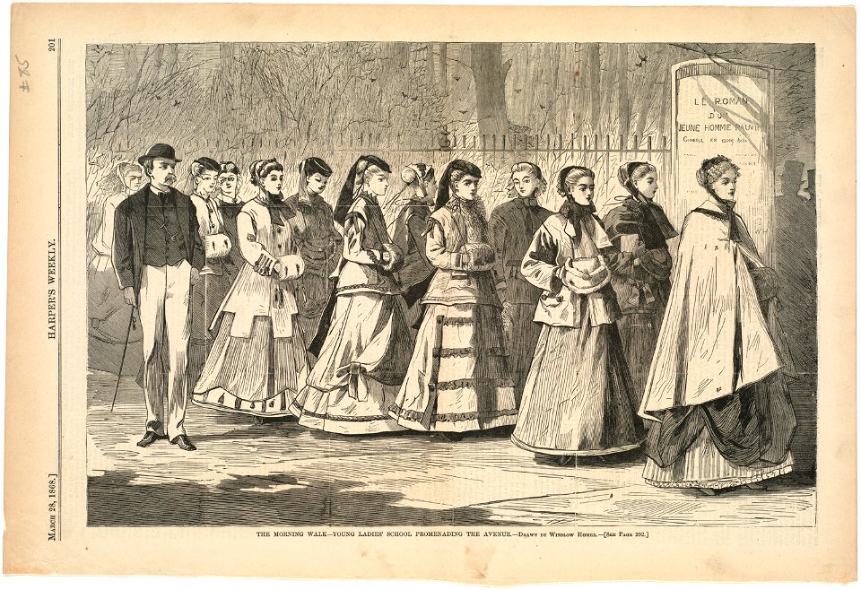The morning walk -- Young ladies' school promenading the avenue (Boston Public Library)