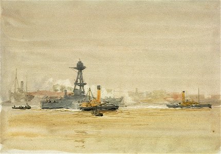 The monitor 'Marshal Ney' under tow off a dockyard setting, probably in the Medway RMG PV0009