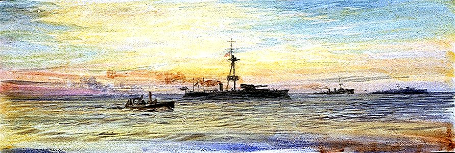 The monitor 'Havelock' or 'Roberts' in home waters at sunset, with other naval shipping RMG PV3472
