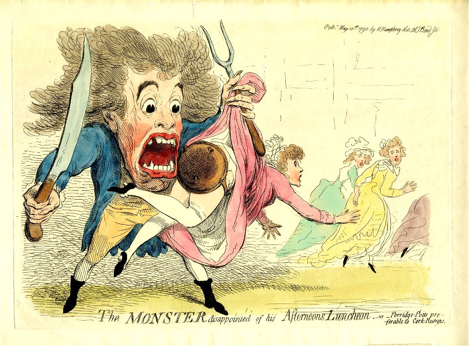 The monster disappointed of his afternoons luncheon-or porridge-potts preferable to cork-rumps. (BM J,2.6)