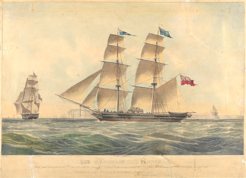 The Missionary Brig Camden Which sailed from London on the 11th of April 1838 - having on board the Revd John Williams and 9 other Missionaries and their wives RMG PY8474