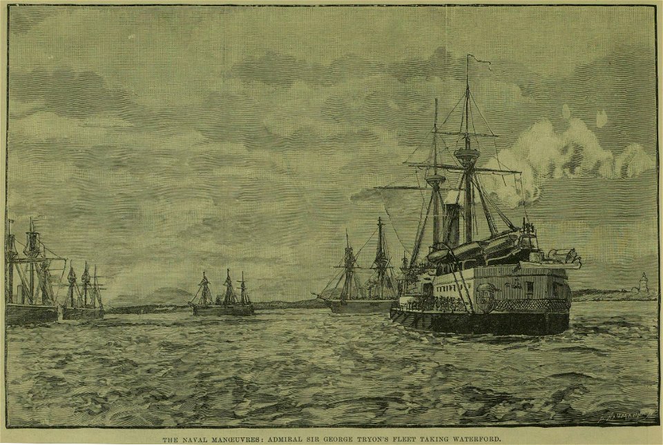 The Naval Manoeuvres, Admiral Sir George Tryon's fleet taking Waterford - ILN 1889