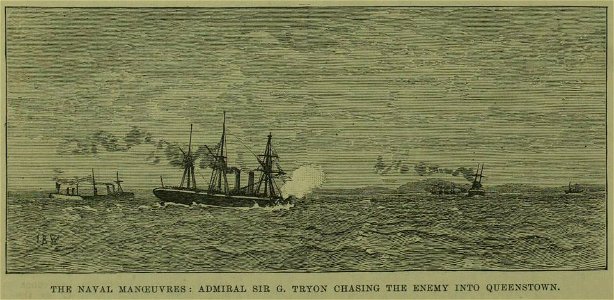 The Naval Manoeuvres, Admiral Sir G. Tryon chasing the enemy into Queenstown - ILN 1889