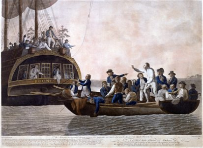 The Mutineers turning Lieut Bligh and part of the Officers and Crew adrift from His Majesty's Ship the Bounty ( 29 April 1789) RMG B1337