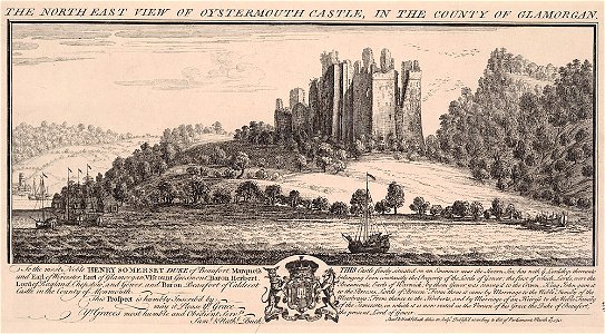 The north east view of Oystermouth castle, in the county of Glamorgan. Free illustration for personal and commercial use.
