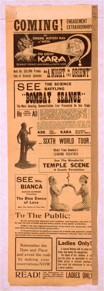 The original mystery man of India, the great Kara the world's foremost mind reader and crystal gazer and his $50,000 production of Oriental splendor A night in the Orient. LCCN2014636912
