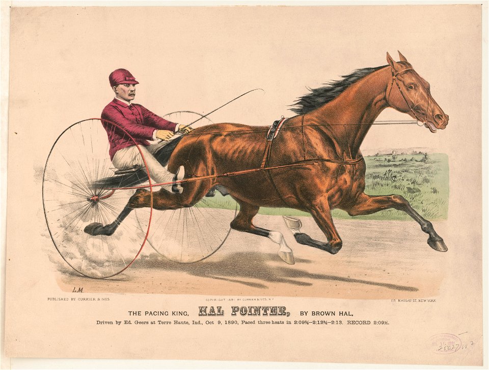 The pacing king, Hal Pointer, by Brown Hal, driven by Ed. Geers at Terre Haute, Ind., Oct. 9, 1890, paced three heats in 2-09 3-4 - 2-12 3-4 - 2-13. Record 2-09 3-4 - L.M. LCCN2017660413