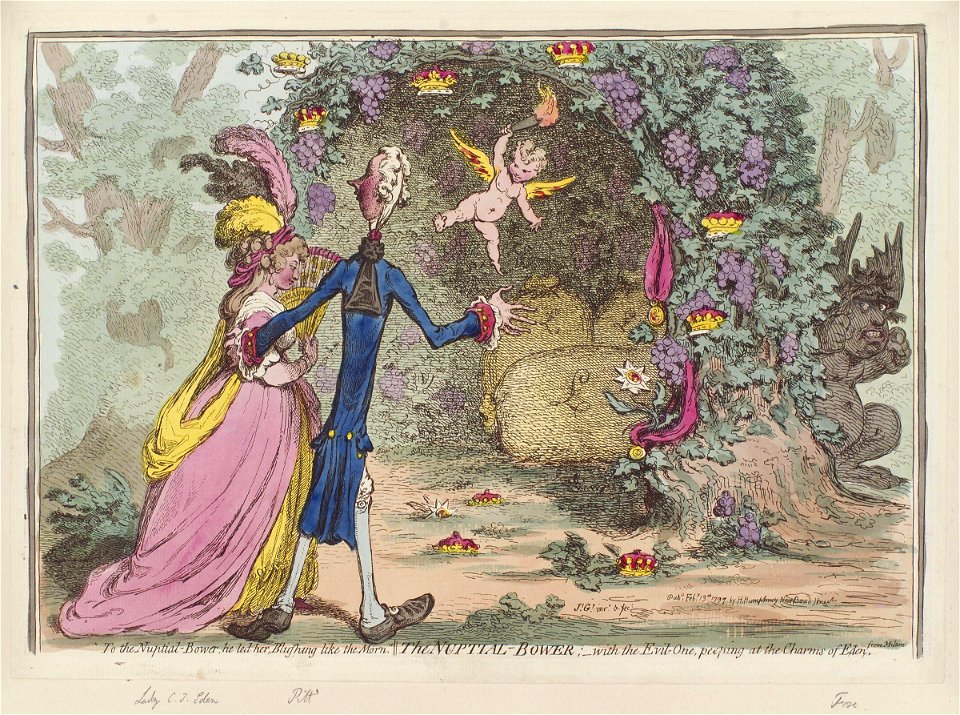 The nuptial-bower; - with the evil-one, peeping at the charms of Eden' (Eleanor Eden; William Pitt; Charles James Fox) by James Gillray