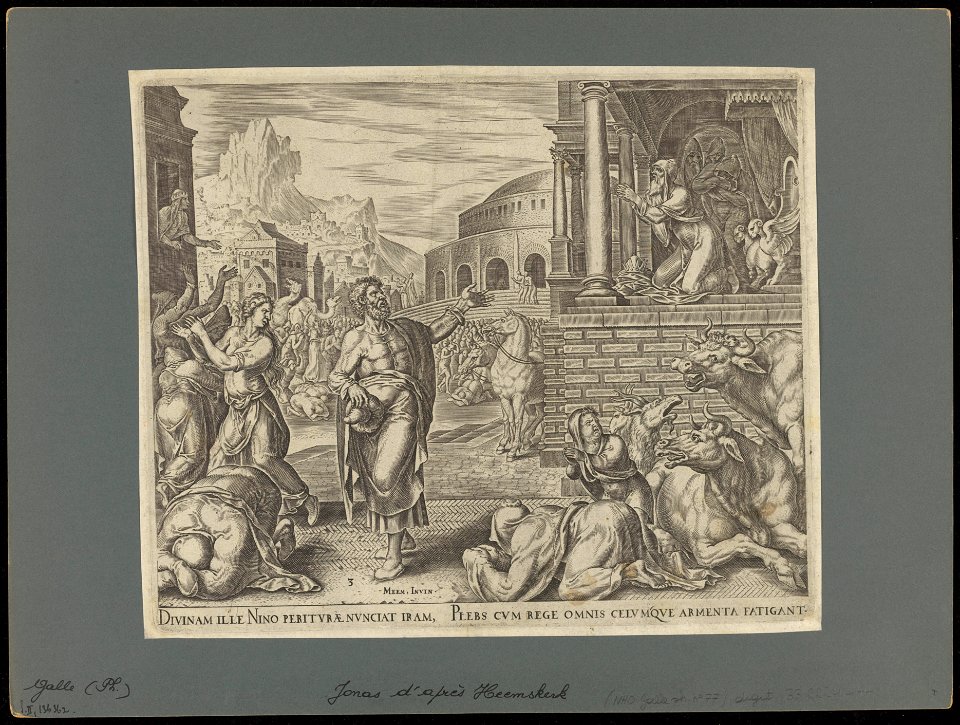 The People of Niniveh Repenting upon Hearing the Prophesies of Jonah 1566 print by Maarten van Heemskerck, S.II 136362, Prints Department, Royal Library of Belgium