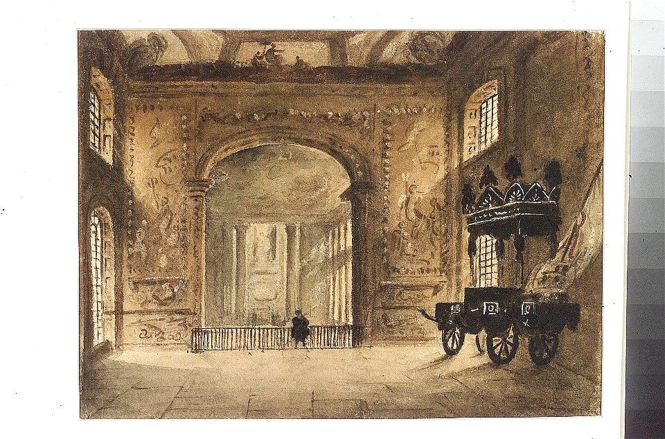 The Painted Hall Greenwich, from the Upper Hall, showing Nelson's funeral car RMG PU3934