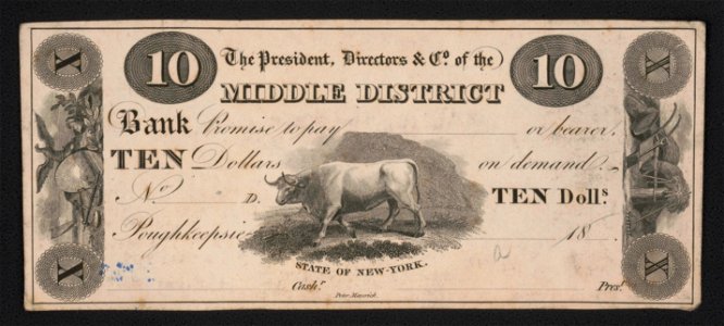 The president, directors, & co. of the Middle District Bank promise to pay (blank) or bearer, Ten dollars, on demand - Peter Maverick. LCCN2017660703