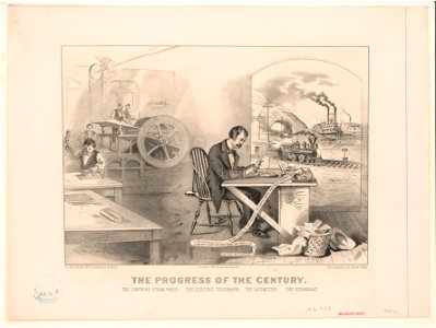 The progress of the century - the lightning steam press, the electric telegraph, the locomotive, (and) the steamboat LCCN90716345