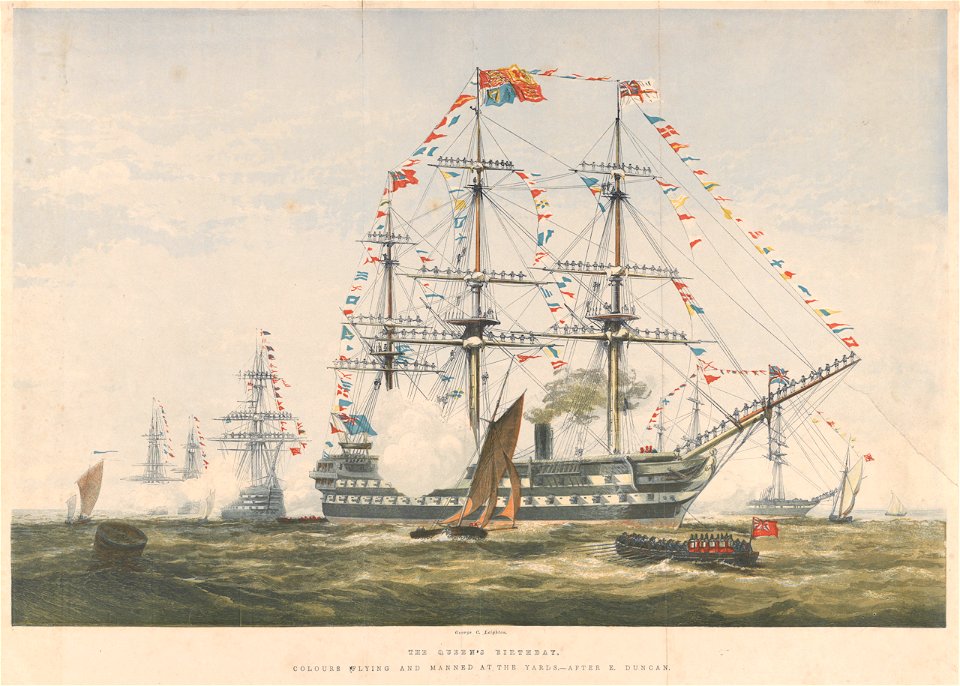 The Queen's Birthday. Colours Flying and Manned at the Yards. James Watt RMG PY0957