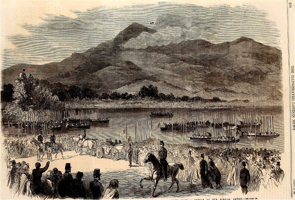 The Queen's Visit to Ireland, Her Majesty embarking at Ross Castle, Lakes of Killarney - ILN 1861