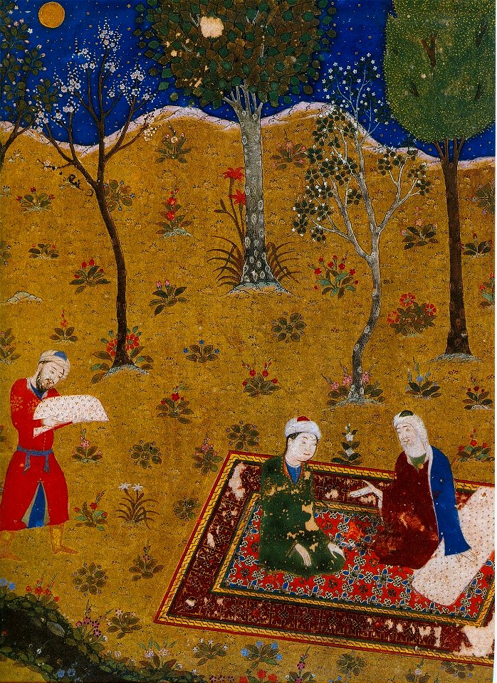 The poet Sa'di converses by night with a young friend in a garden. Miniature from Gulistan Sa'di. Herat, 1427. Chester Beatty Library, Dublin. f.3r