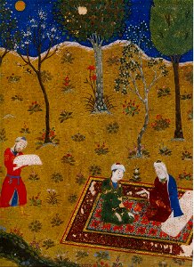 The poet Sa'di converses by night with a young friend in a garden. Miniature from Gulistan Sa'di. Herat, 1427. Chester Beatty Library, Dublin. f.3r