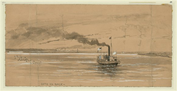 The place of exchange in the Savannah river looking toward the city, the rebel boat Beauregard coming down to meet the flag of truce LCCN2004660720