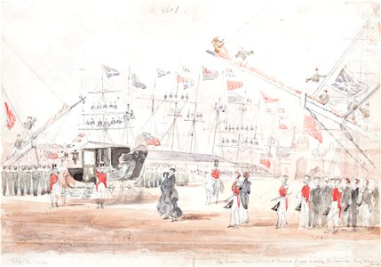 The Queen, Prince Albert, & Princess Royal on leaving the Carriage, King William Dock - Ebenezer Landells - 1844