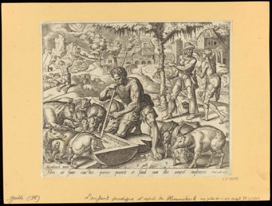 The Prodigal Son Eating with The Swine 1562 print by Maarten van Heemskerck, S.I 55739, Prints Department, Royal Library of Belgium