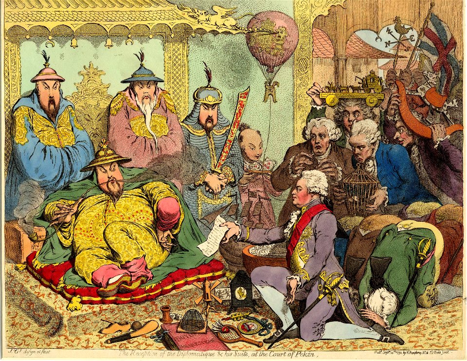 The reception of the diplomatique & his suite, at the court of Pekin (BM 1868,0808.6228 1)