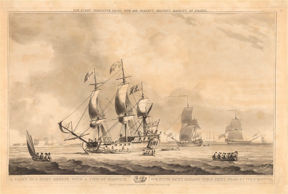 The Queen Charlotte yacht with her present gracious Majesty on board. A Yacht in a light breeze with a view of Harwich RMG PY8614