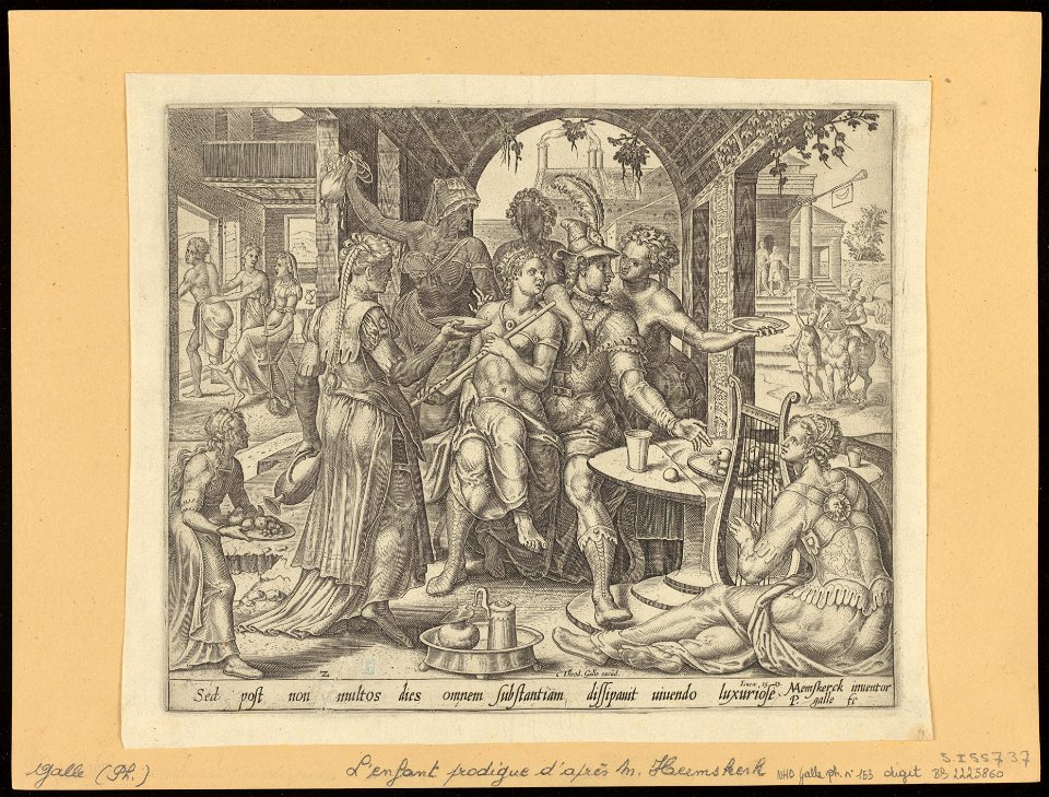The Prodigal Son Sqandering His Inheritance on Harlots 1562 print by Maarten van Heemskerck, S.I 55737, Prints Department, Royal Library of Belgium