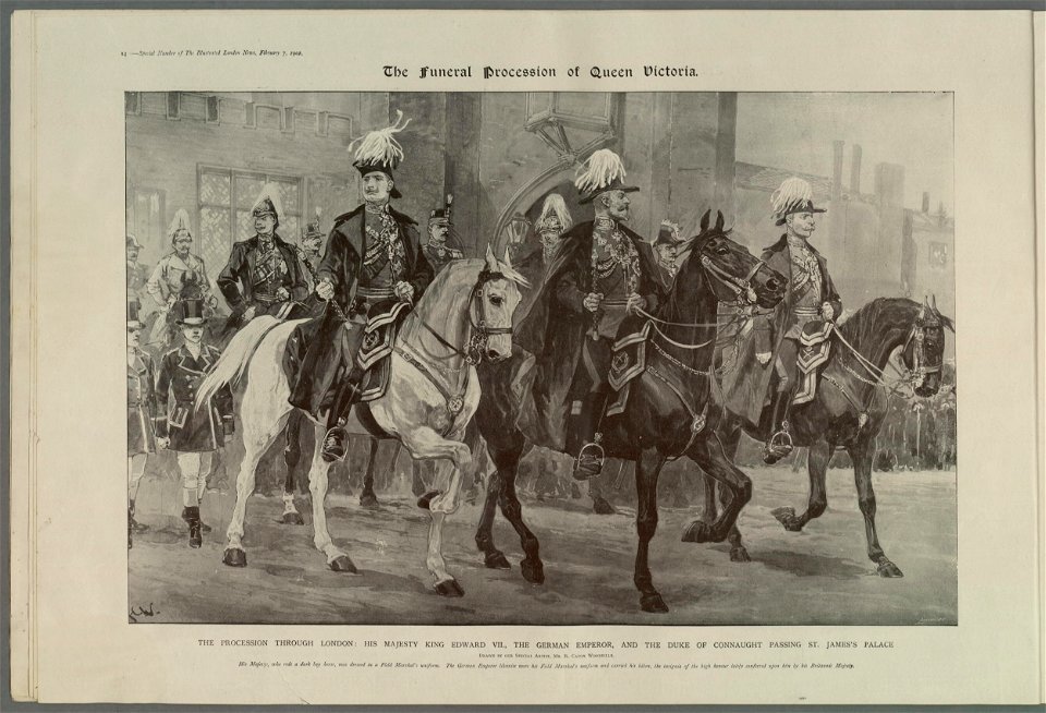 The procession through London His Majesty King Edward VII., the German Emperor, and the Duke of Connaught passing St. James's Palace (5254885)