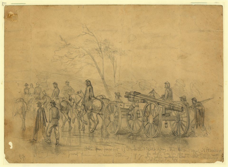 The pursuit of Gen. Lee's rebel army. The heavy guns - 30 pounders - going to the front during a rain storm - E.F. LCCN2004661935