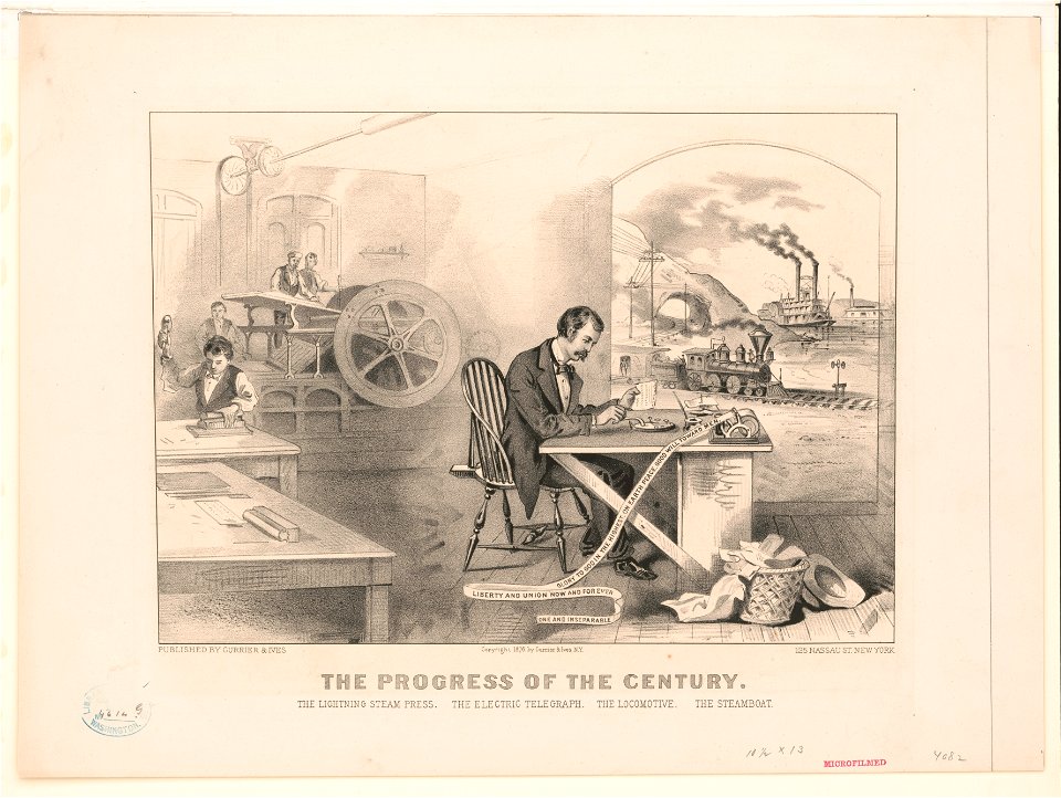 The progress of the century - the lightning steam press, the electric telegraph, the locomotive, (and) the steamboat LCCN90716345