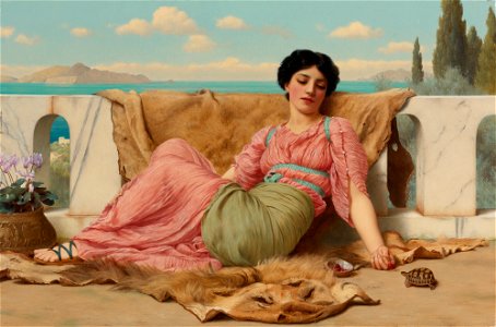 The quiet pet, by John William Godward. Free illustration for personal and commercial use.