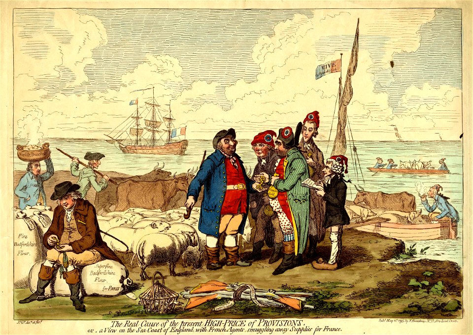 The real cause of the present high-price of provisions, or, a view on the sea coast of England, with French agents, smuggling away supplies for France. (BM 1868,0822.7138)