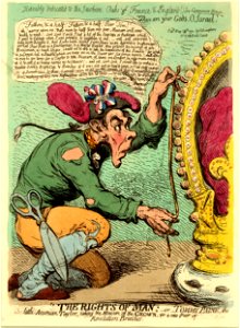 The Rights of Man; -or- Tommy Paine, the little American taylor, taking the measure of the crown, for a new pair of Revolution-breeches (BM 1868,0808.6057 1)