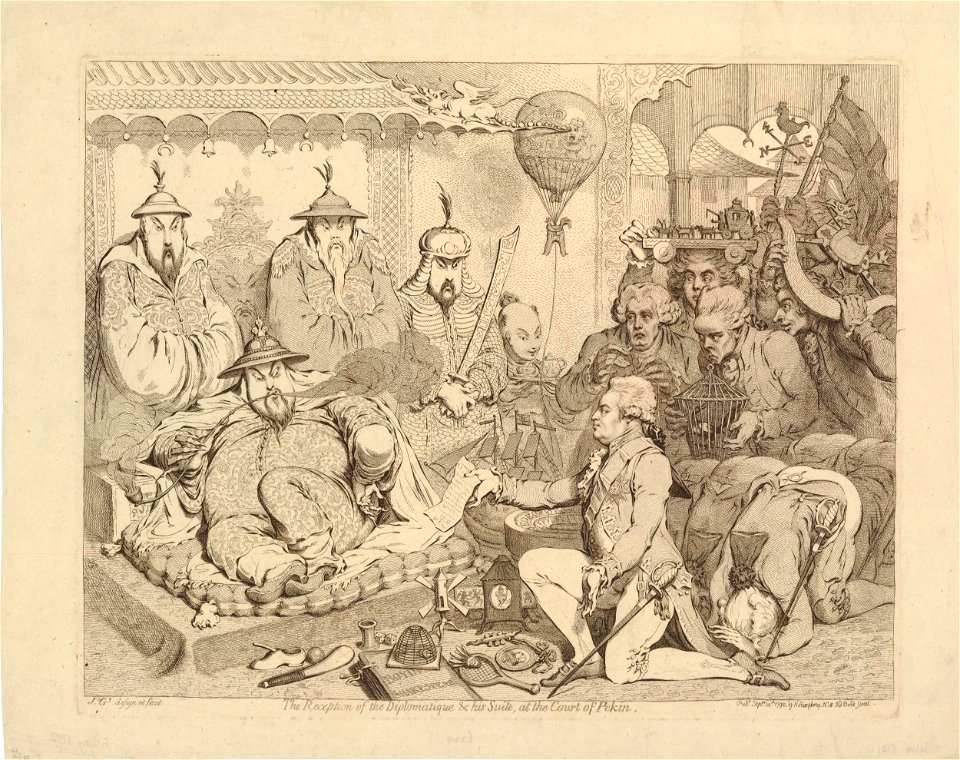 The reception of the diplomatique & his suite, at the court of Pekin. (BM 1868,0808.6229)