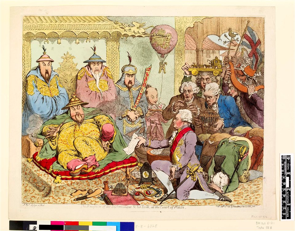 The reception of the diplomatique & his suite, at the court of Pekin (BM 1868,0808.6228)