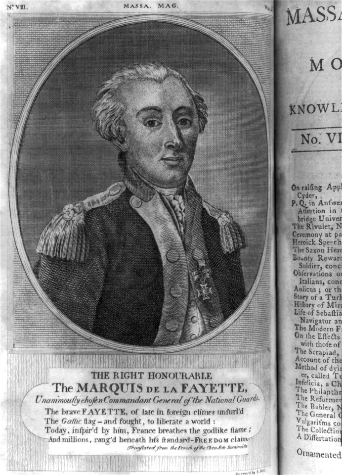 The right honourable the Marquis De La Fayette, unanimouslly chosen commandant of the National Guards - engraved by S. Hill. LCCN2004666567