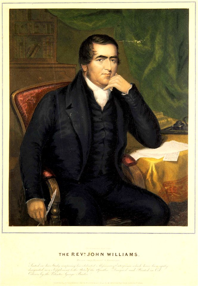 The Rev. John Williams, the Martyr of Erromanga, with a landscape of the Mission House and grounds of Rarotonga (B-088-005)