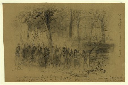 The rebels covered by a ledge of rock repulsing the troops on the right- in the woods beyond the Duncker ch. (sic) Antietam LCCN2004660190
