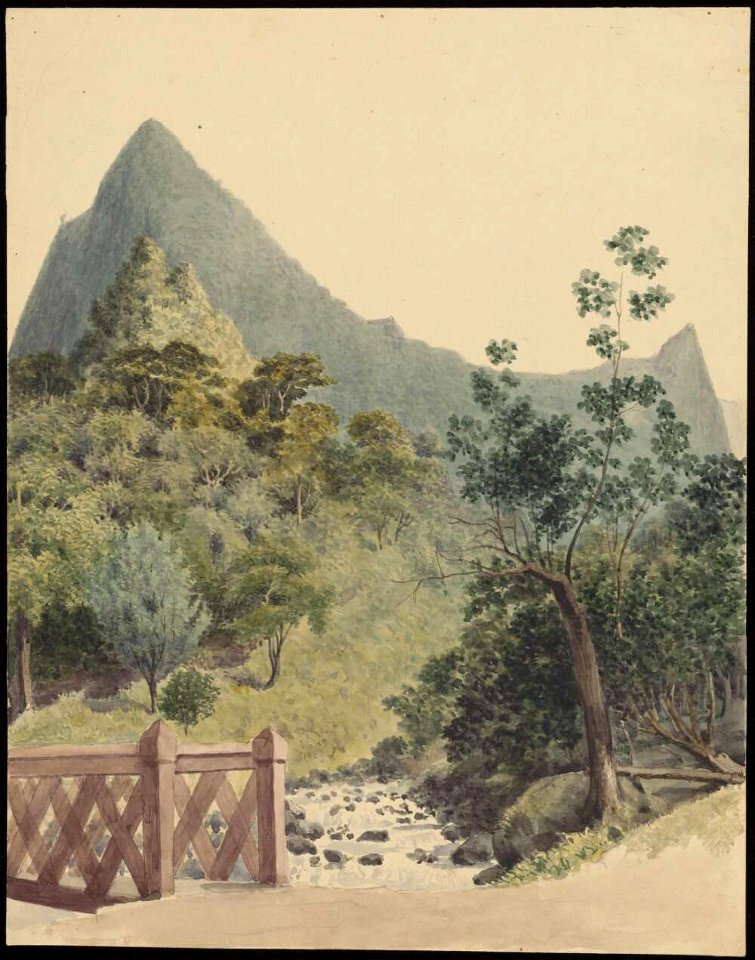The river of Fatua, American Bridge, Tahaiti, 1855, watercolour by James Gay Sawkins
