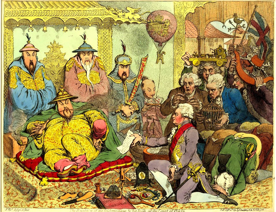 The reception of the diplomatique & his suite, at the court of Pekin (BM 1868,0808.6228 2)