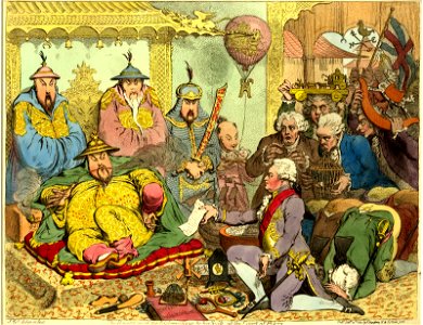 The reception of the diplomatique & his suite, at the court of Pekin (BM 1868,0808.6228 2)