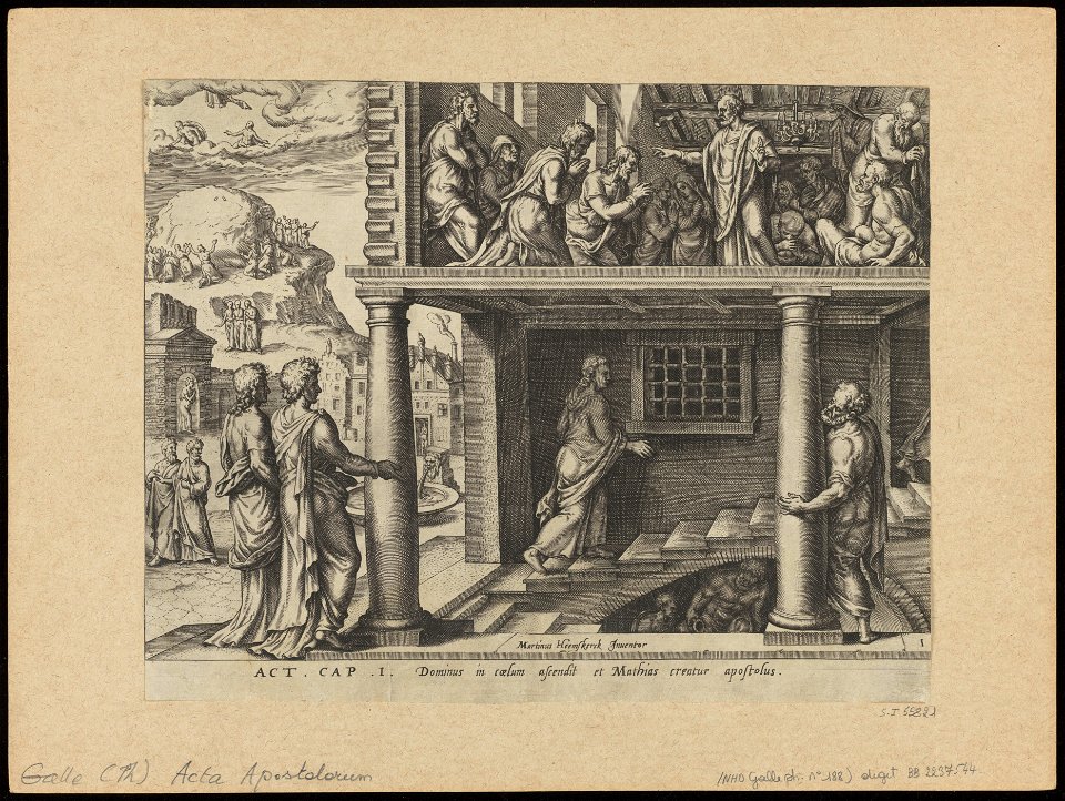 The Return of The Apostles from Mount Olivet and The Election of Matthias as Apostle 1575 print by Maarten van Heemskerck, S.I 55821, Prints Department, Royal Library of Belgium