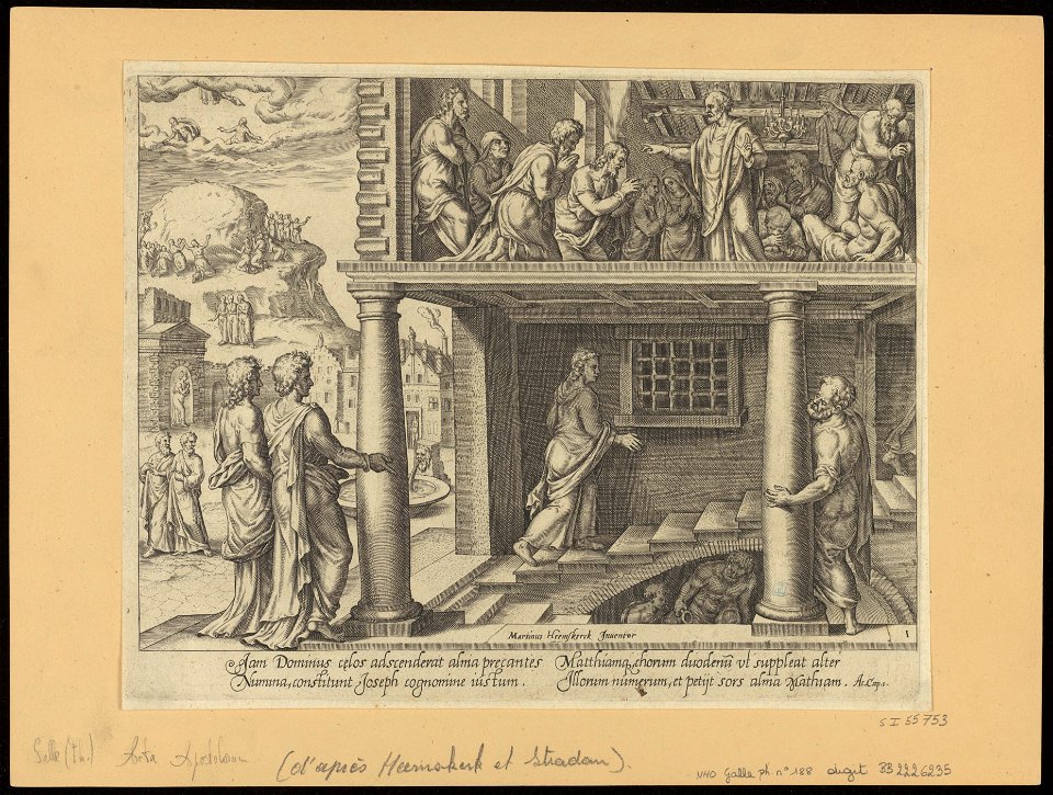 The Return of The Apostles from Mount Olivet and The Election of Matthias as Apostle 1575 print by Maarten van Heemskerck, S.I 55753, Prints Department, Royal Library of Belgium