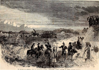 The review on Saturday last at Wimbledon common, Skirmishers forming Squares to resist Cavalry - ILN 1861. Free illustration for personal and commercial use.