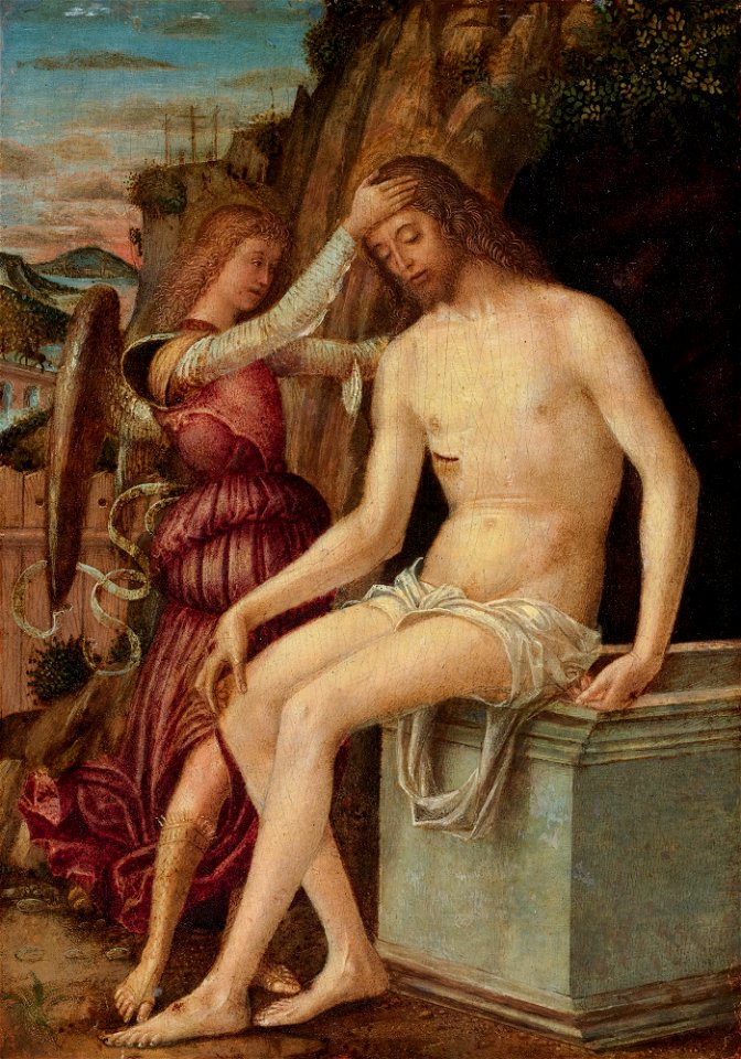 The Resurrected Christ with an Angel, tempera on panel by Giovanni Francesco Maineri