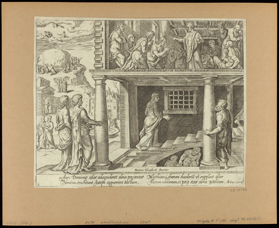 The Return of The Apostles from Mount Olivet and The Election of Matthias as Apostle 1575 print by Maarten van Heemskerck, S.I 55788, Prints Department, Royal Library of Belgium